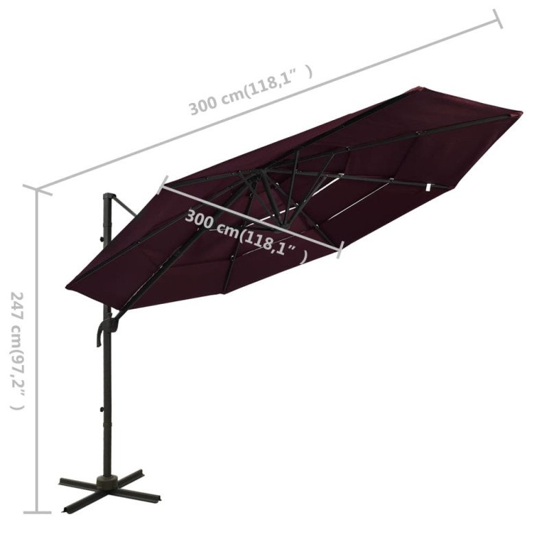 vidaXL 4-stupňový slnečník s hliníkovou tyčou bordový 3x3 m