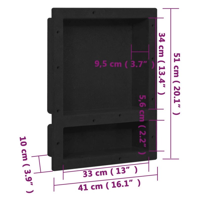 vidaXL Sprchový výklenok s 2 priehradkami matný čierny 41x51x10 cm