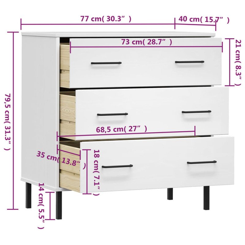 vidaXL Komoda s 3 zásuvkami biela 77x40x79,5 cm masívne drevo OSLO