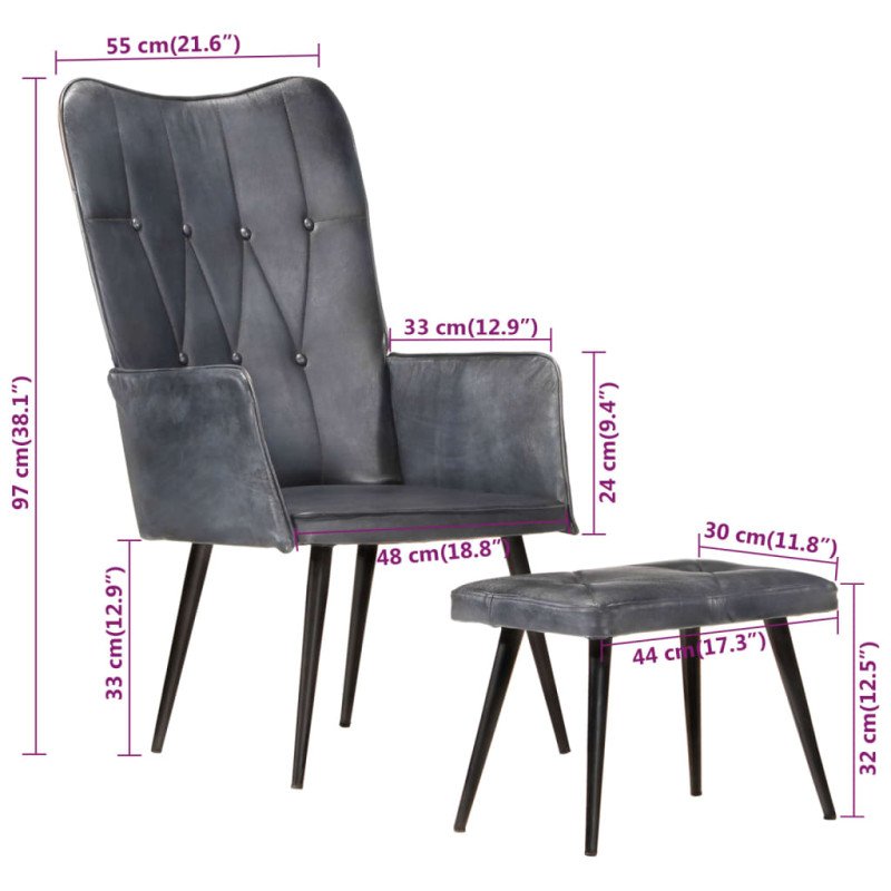 vidaXL Kreslo wingback s podnožkou sivé pravá koža