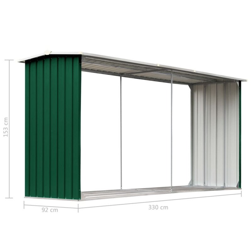 vidaXL Záhradná kôlňa na drevo zelená 330x92x153 cm galvanizovaná oceľ