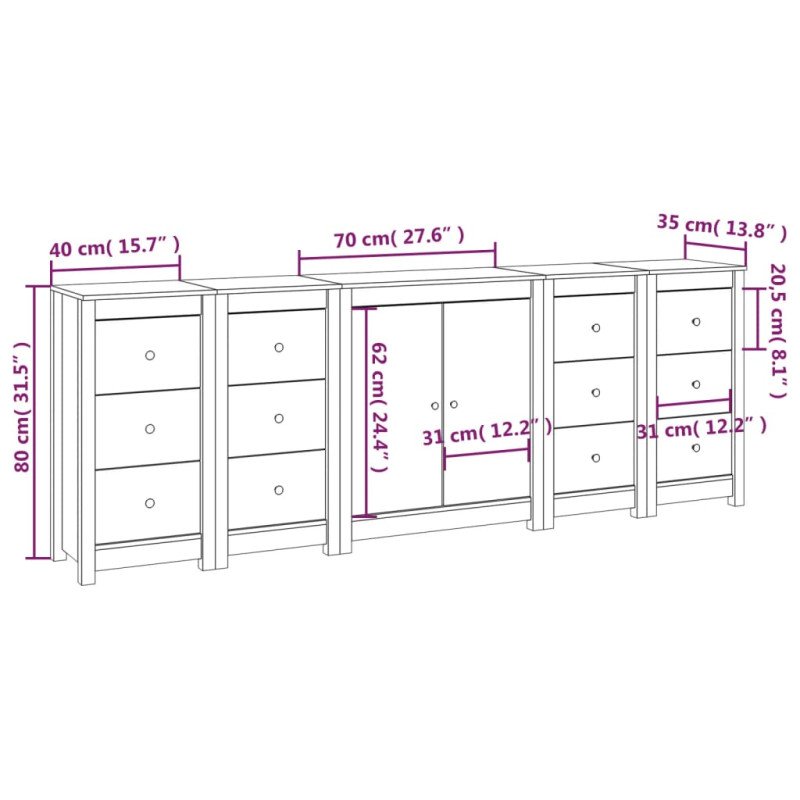 vidaXL Komoda biela 230x35x80 cm borovicový masív