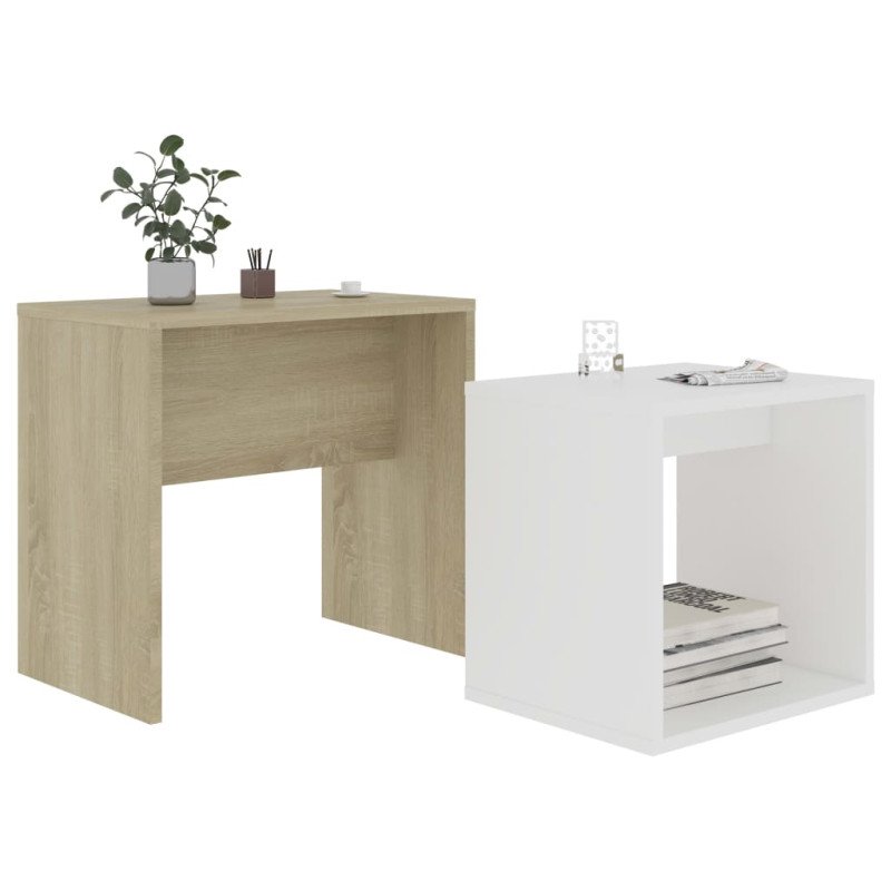 vidaXL Sada konferenčných stolíkov biela a dub sonoma 48x30x45 cm drevotrieska