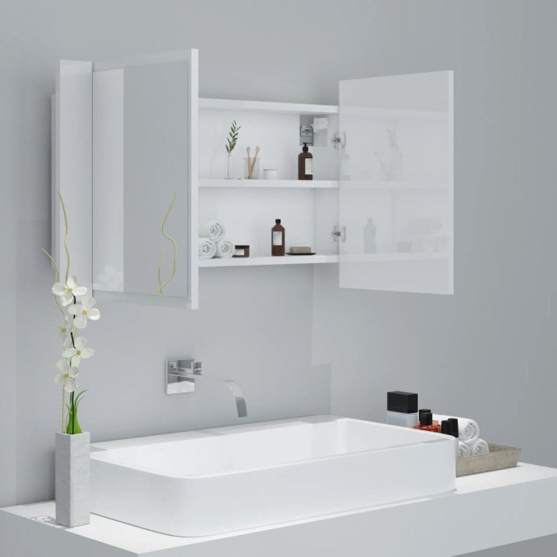 vidaXL LED kúpeľňová zrkadlová skrinka lesklá biela 80x12x45 cm akryl