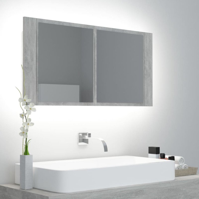vidaXL LED kúpeľňová zrkadlová skrinka betónová sivá 90x12x45 cm akryl