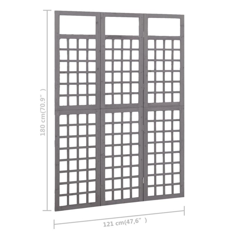 vidaXL Deliaca stena/mriežka, 3 panely, jedľový masív, sivá 121x180 cm