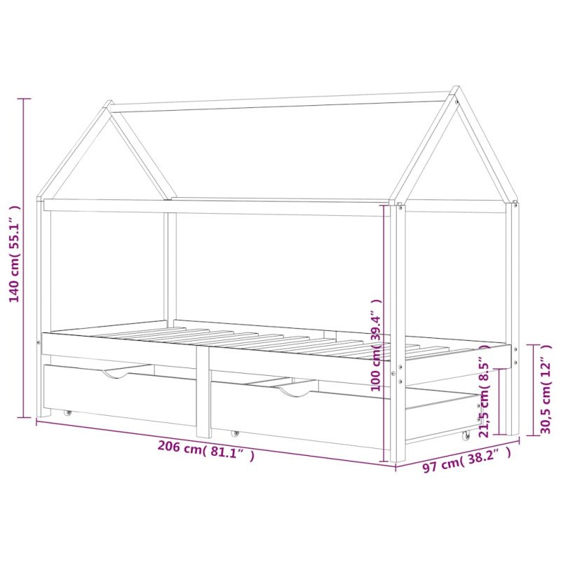 vidaXL Rám detskej postele so zásuvkami tmavosivý borovica 90x200 cm