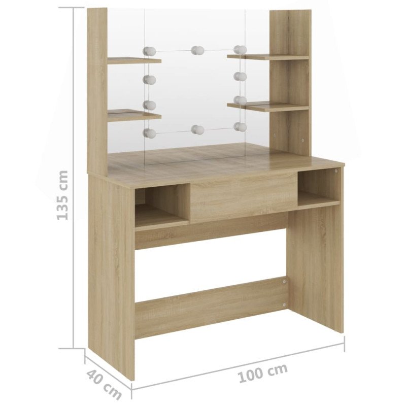 vidaXL Toaletný stolík s LED svetlami 100x40x135 cm MDF dubový