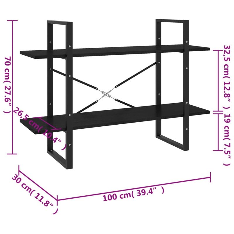 vidaXL Knižnica s 2 policami čierna 100x30x70 cm masívna borovica 