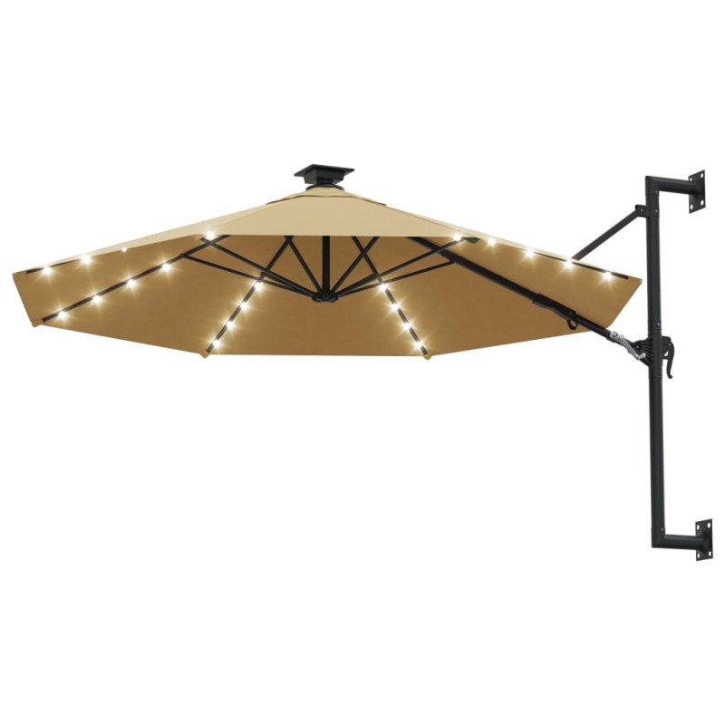 vidaXL Nástenný slnečník s LED a kovovou tyčou 300 cm sivohnedý
