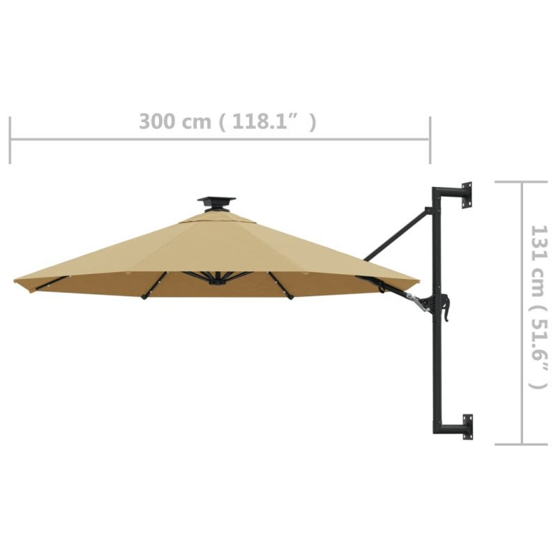 vidaXL Nástenný slnečník s LED a kovovou tyčou 300 cm sivohnedý
