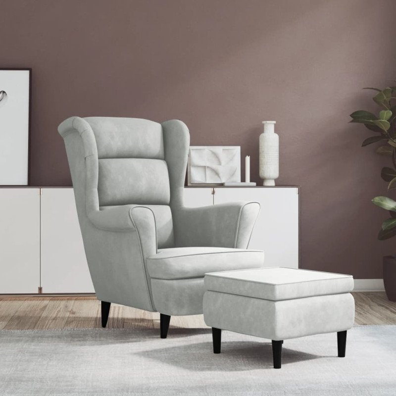 vidaXL Kreslo wingback s podnožkou bledosivé zamatové