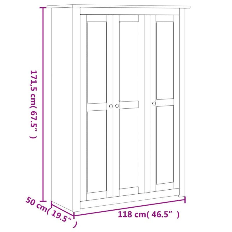 vidaXL 3-dverový šatník biely 118x50x171,5 cm borovicové drevo Panama Range