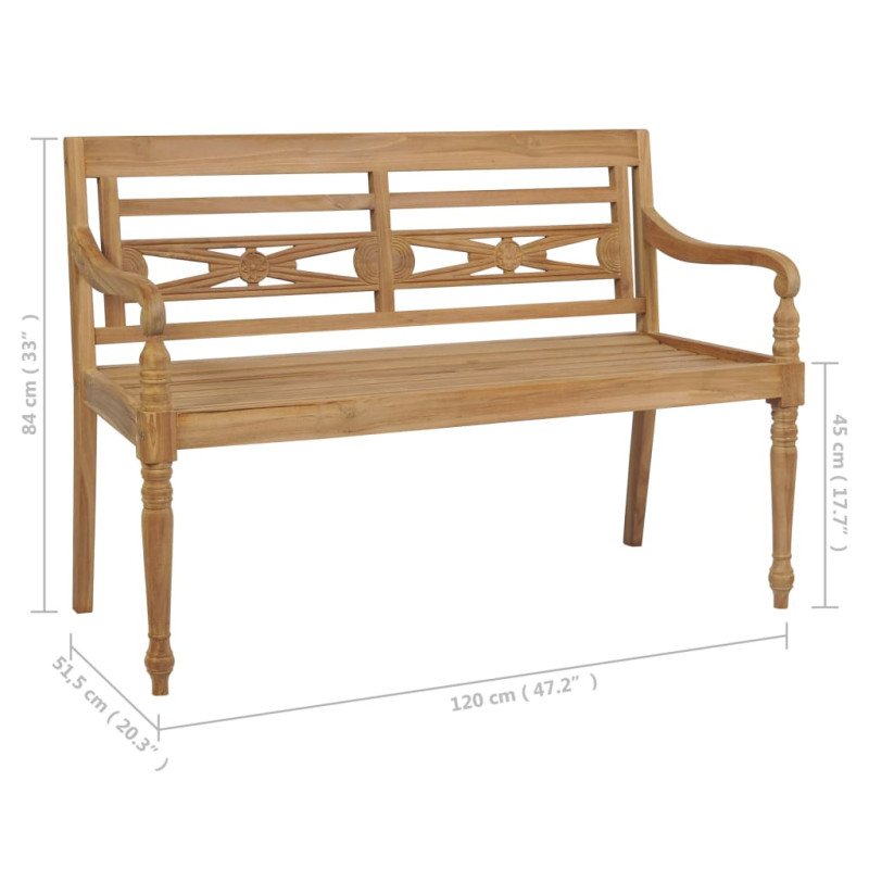 vidaXL Lavička Batavia s krémovobielou podložkou 120 cm tíkový masív