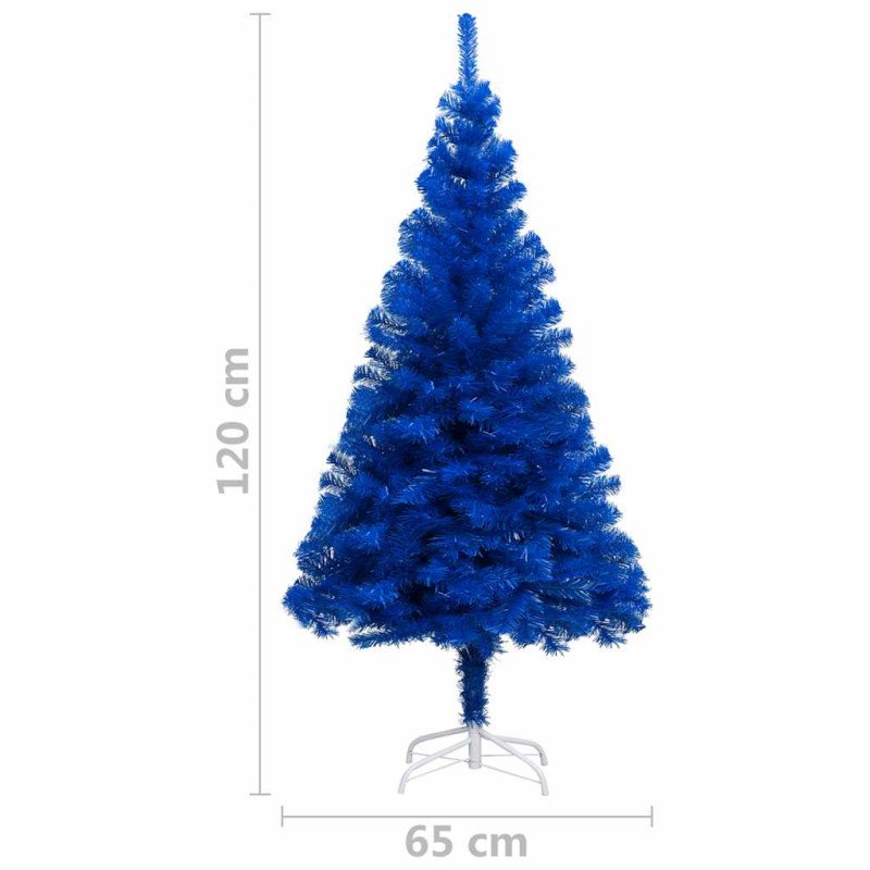 vidaXL Osvetlený umelý vianočný stromček s guľami, modrý 120 cm, PVC