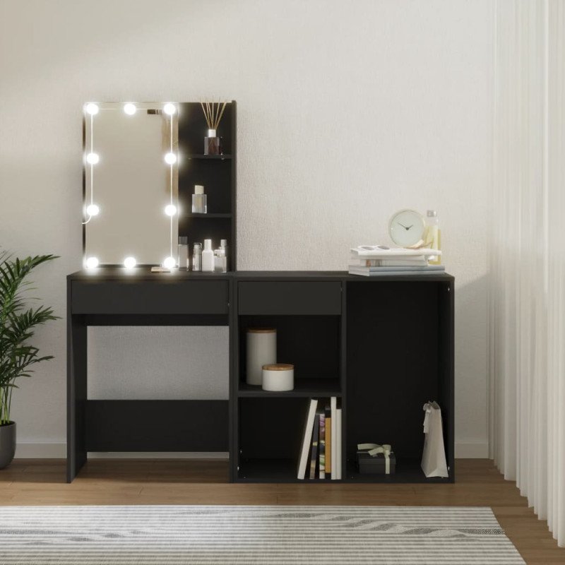 vidaXL Toaletný stolík s LED a skrinkou čierny kompozitné drevo