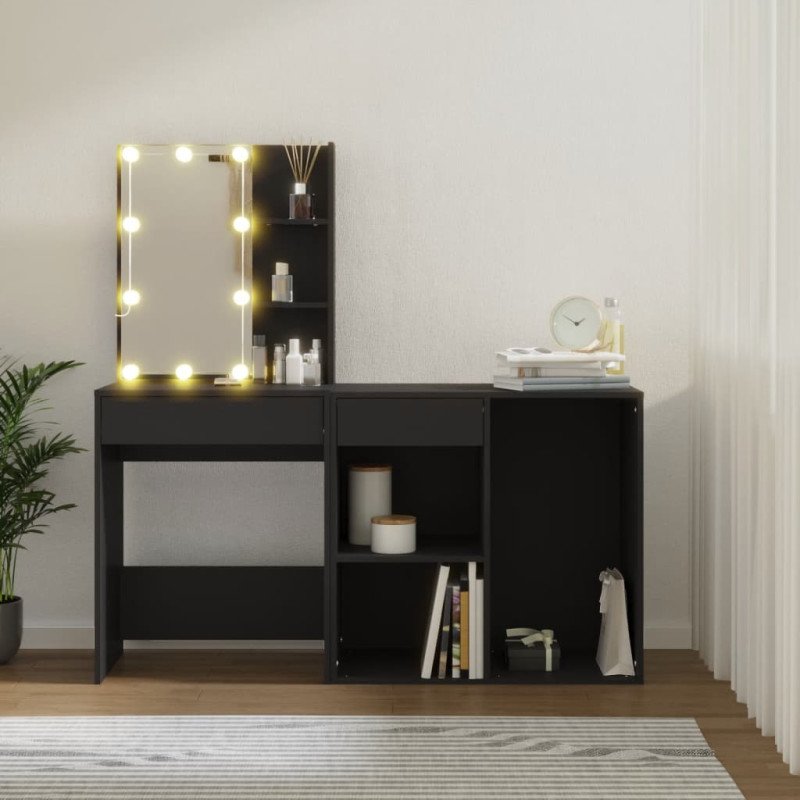 vidaXL Toaletný stolík s LED a skrinkou čierny kompozitné drevo