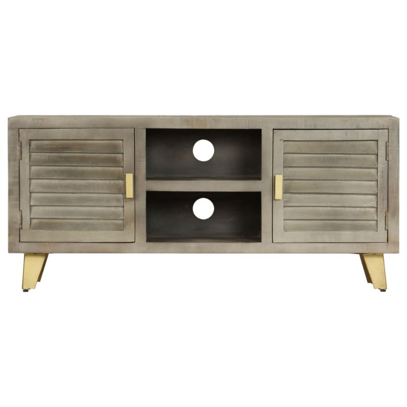 vidaXL TV stolík z masívneho mangovníkového dreva sivý a mosadzný 110x30x48 cm