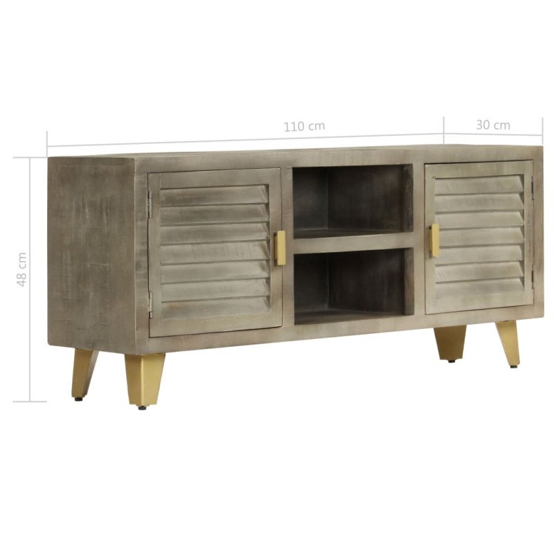 vidaXL TV stolík z masívneho mangovníkového dreva sivý a mosadzný 110x30x48 cm