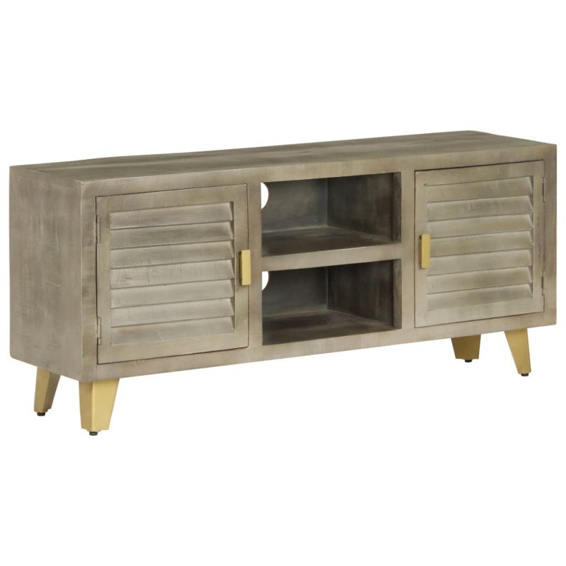 vidaXL TV stolík z masívneho mangovníkového dreva sivý a mosadzný 110x30x48 cm