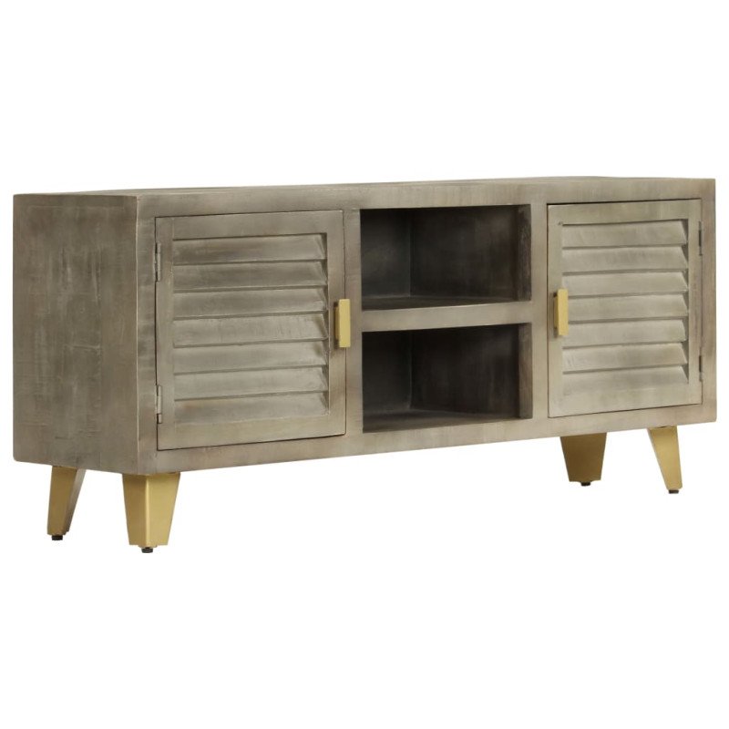 vidaXL TV stolík z masívneho mangovníkového dreva sivý a mosadzný 110x30x48 cm
