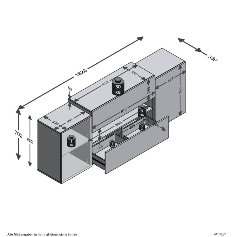 FMD TV/Hi-Fi skrinka 182x33x70,2 cm biela a dub artisan