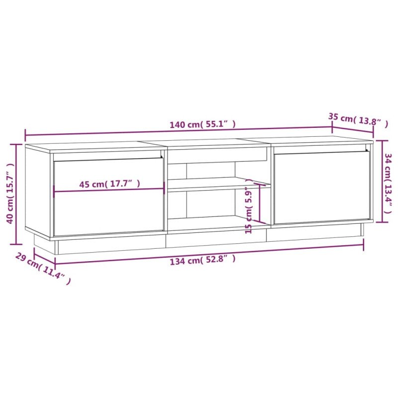 vidaXL TV stolík sivý 140x35x40 cm masívna borovica