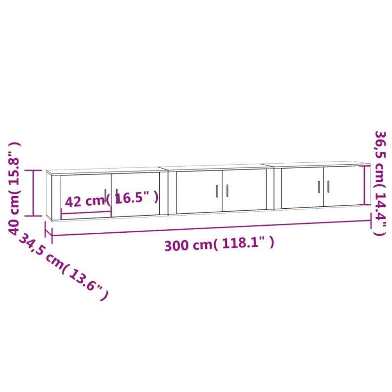 vidaXL Nástenné TV skrinky 3 ks dymový dub 100x34,5x40 cm