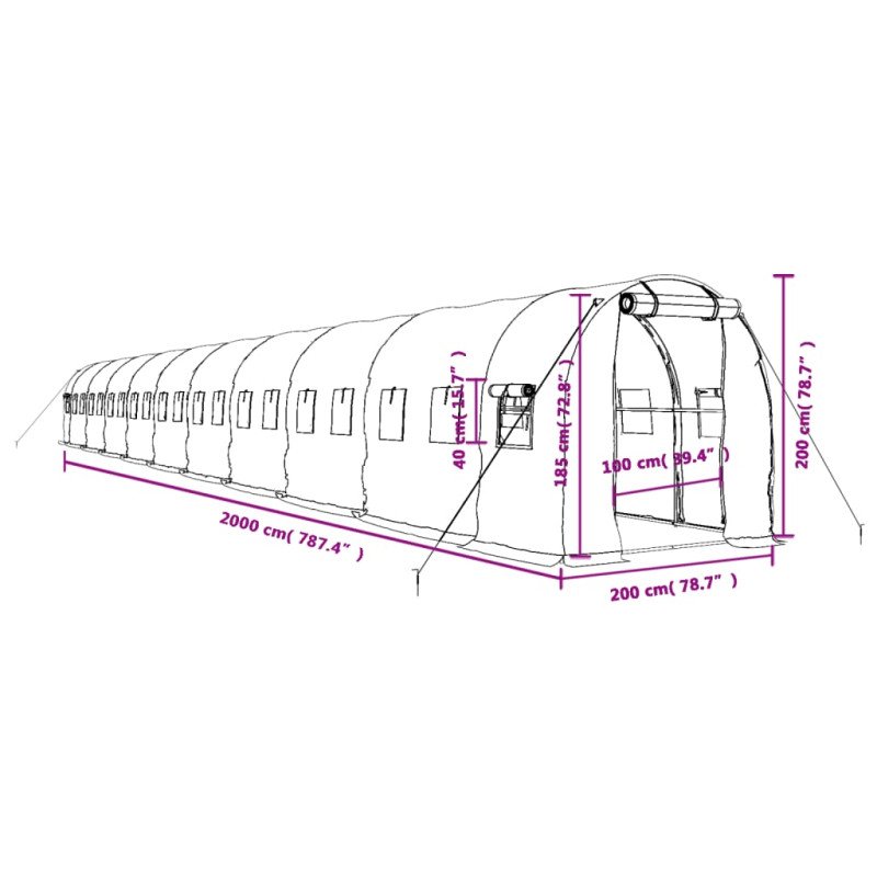 vidaXL Fóliovník s oceľovým rámom biely 40 m² 20x2x2 m