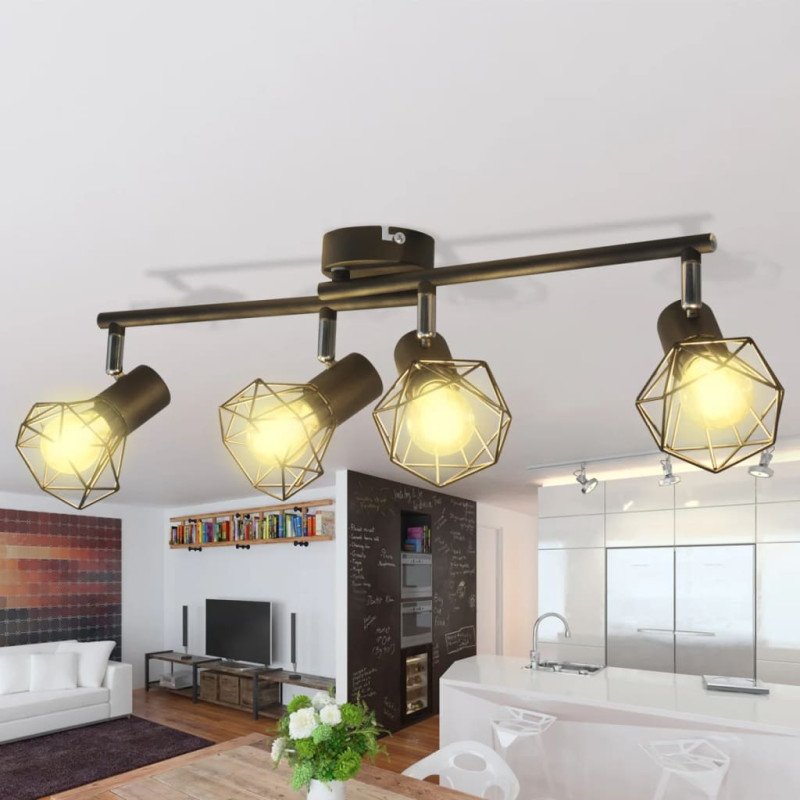 Čierne bodové svetlo so 4 LED žiarovkami, industriálny štýl, drôtené