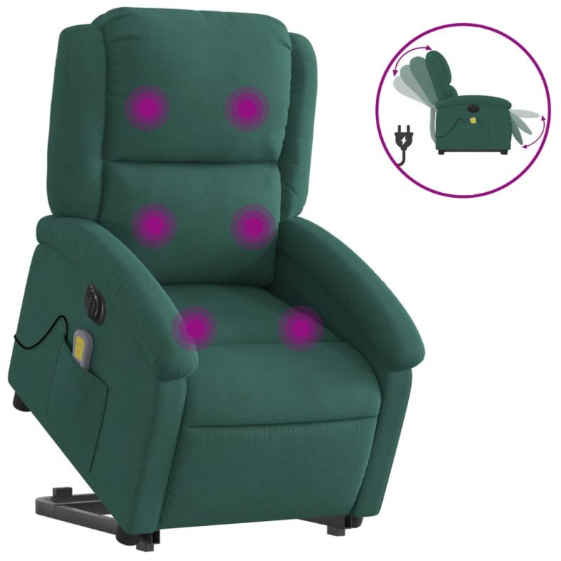 vidaXL Elektrické zdvíhacie masážne sklápacie kreslo tmavozelené zamat