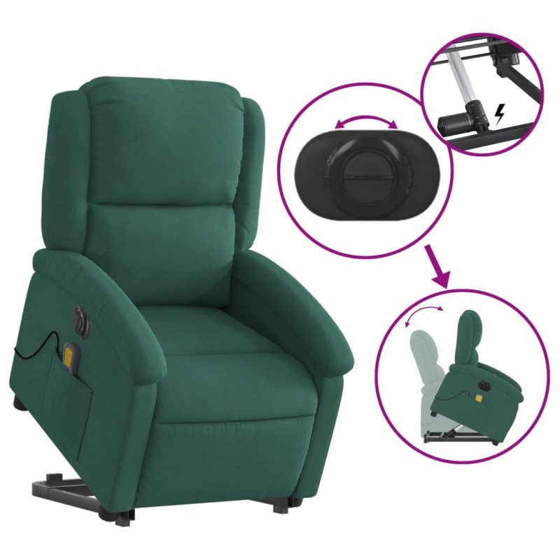 vidaXL Elektrické zdvíhacie masážne sklápacie kreslo tmavozelené zamat