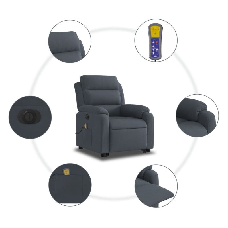 vidaXL Elektrické zdvíhacie masážne sklápacie kreslo tmavosivé zamat