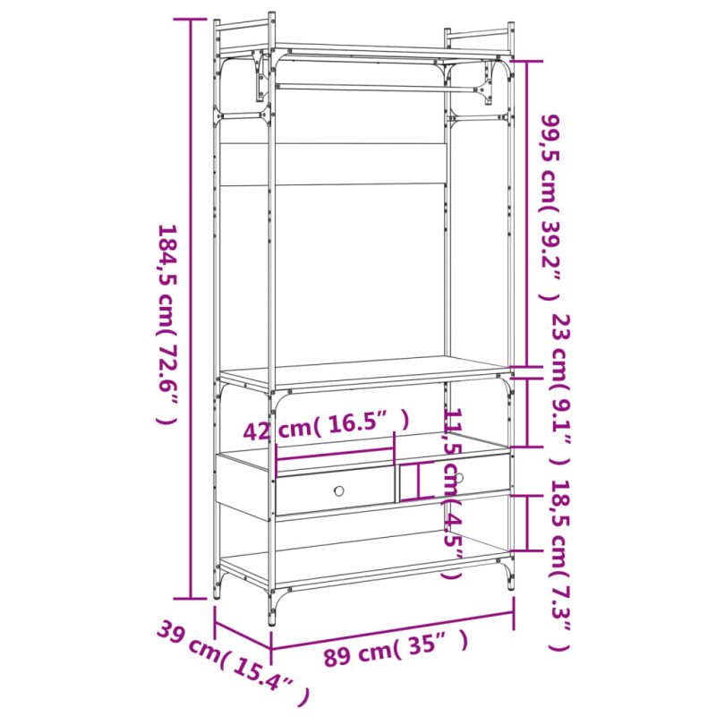 vidaXL Šatník so zásuvkami dymový dub 89x39x184,5 cm kompozitné drevo