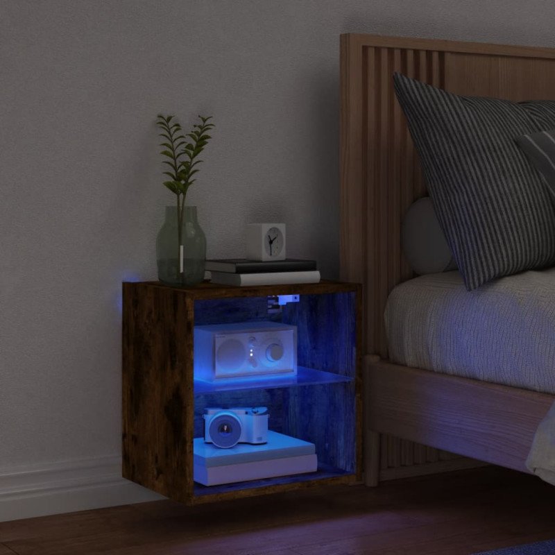 vidaXL Nočný stolík s LED svetlami nástenný dymový dub