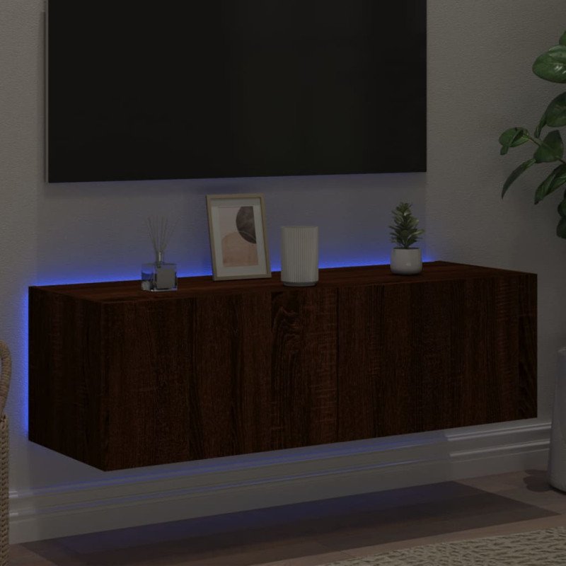 vidaXL TV nástenná skrinka s LED svetlami hnedý dub 100x35x31 cm