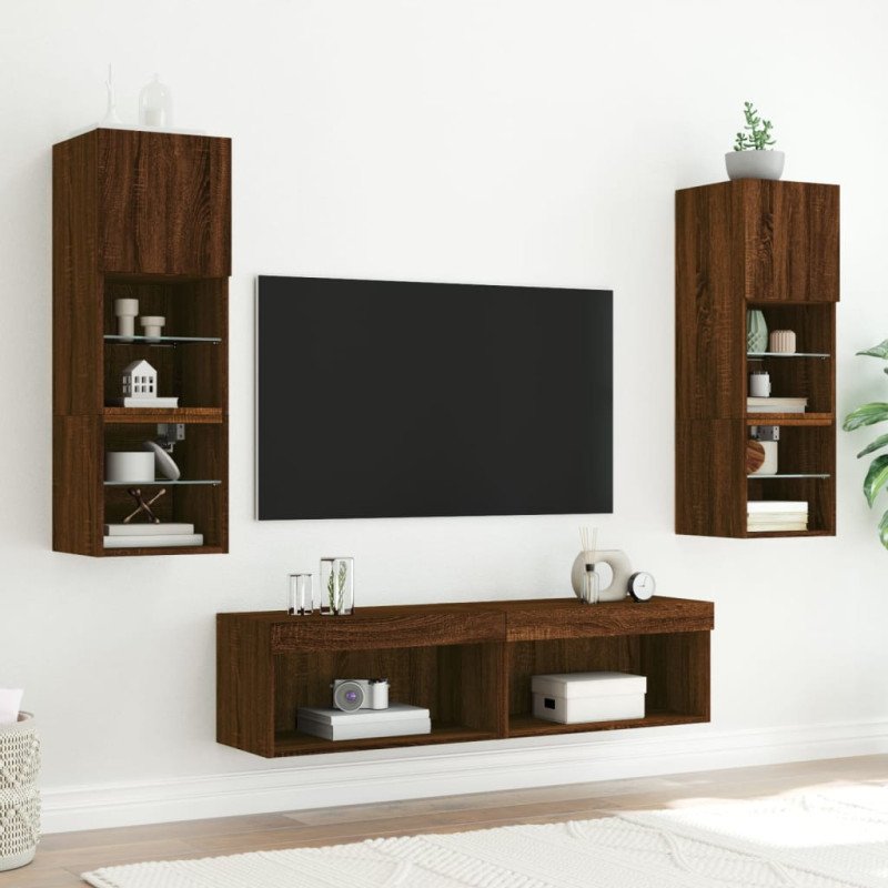 vidaXL 6-dielne TV nástenné skrinky s LED hnedý dub kompozitné drevo