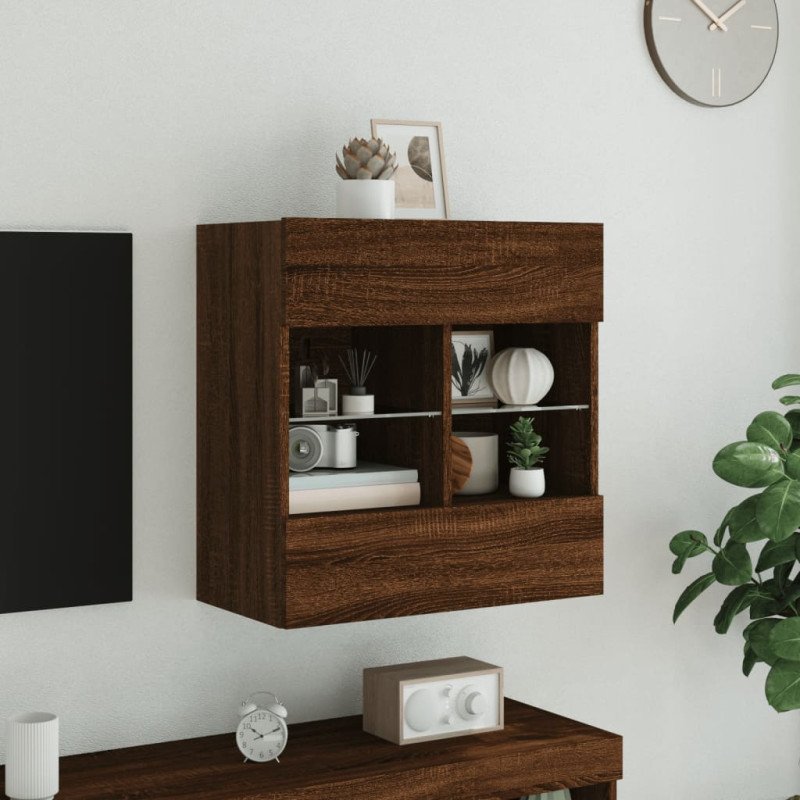 vidaXL TV nástenná skrinka s LED svetlami hnedý dub 58,5x30x60,5 cm