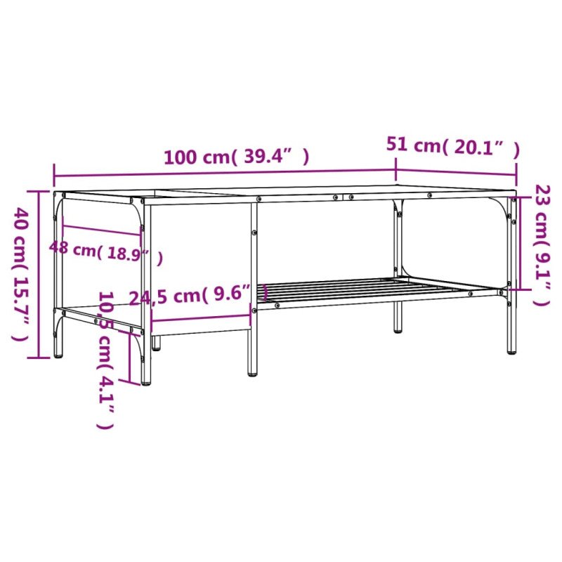 vidaXL Konferenčný stolík s regálom dymový dub 100x51x40 cm komp.drevo