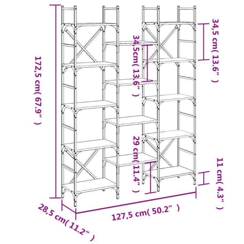 vidaXL Knižnica sivá sonoma 127,5x28,5x172,5 cm kompozitné drevo