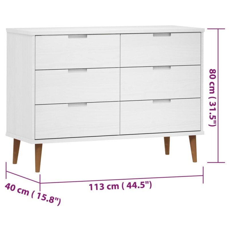 vidaXL Skrinka so zásuvkami MOLDE, biela 113x40x80cm, borovicový masív