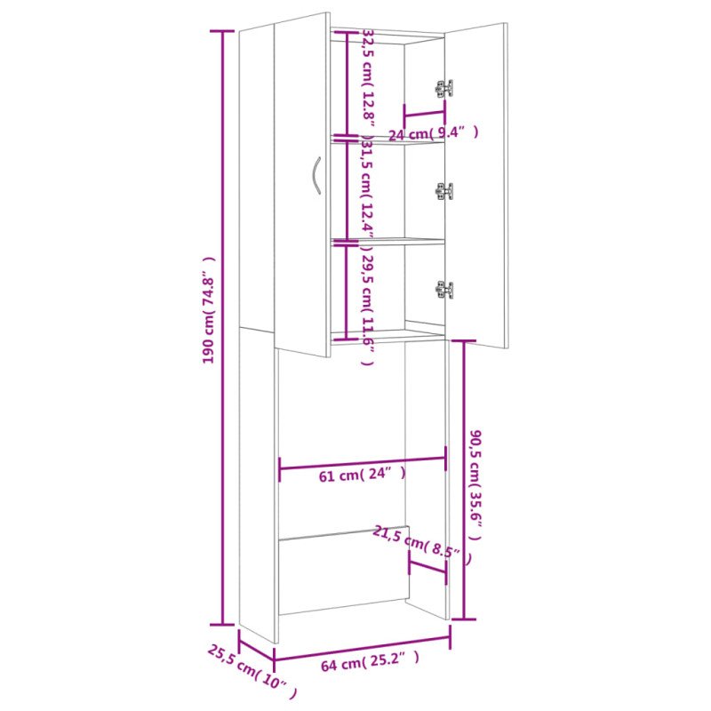 vidaXL Skrinka na práčku tmavý dub 64x25,5x190 cm