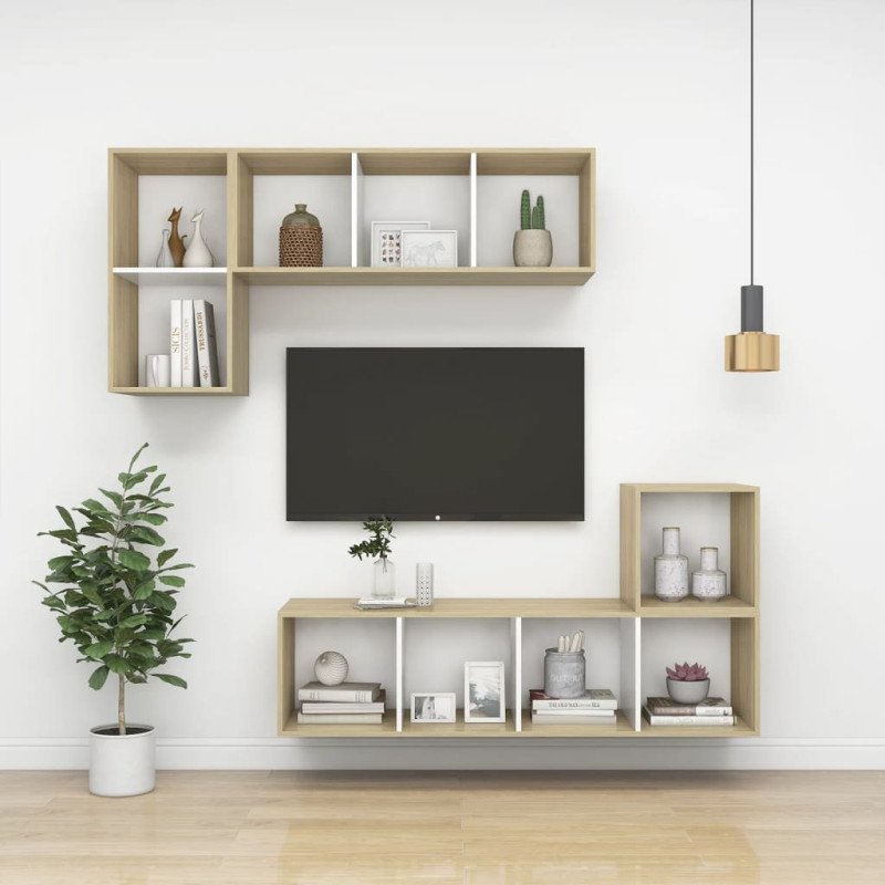 vidaXL Nástenná TV skrinka biela+sonoma 37x37x142,5cm kompozitné drevo
