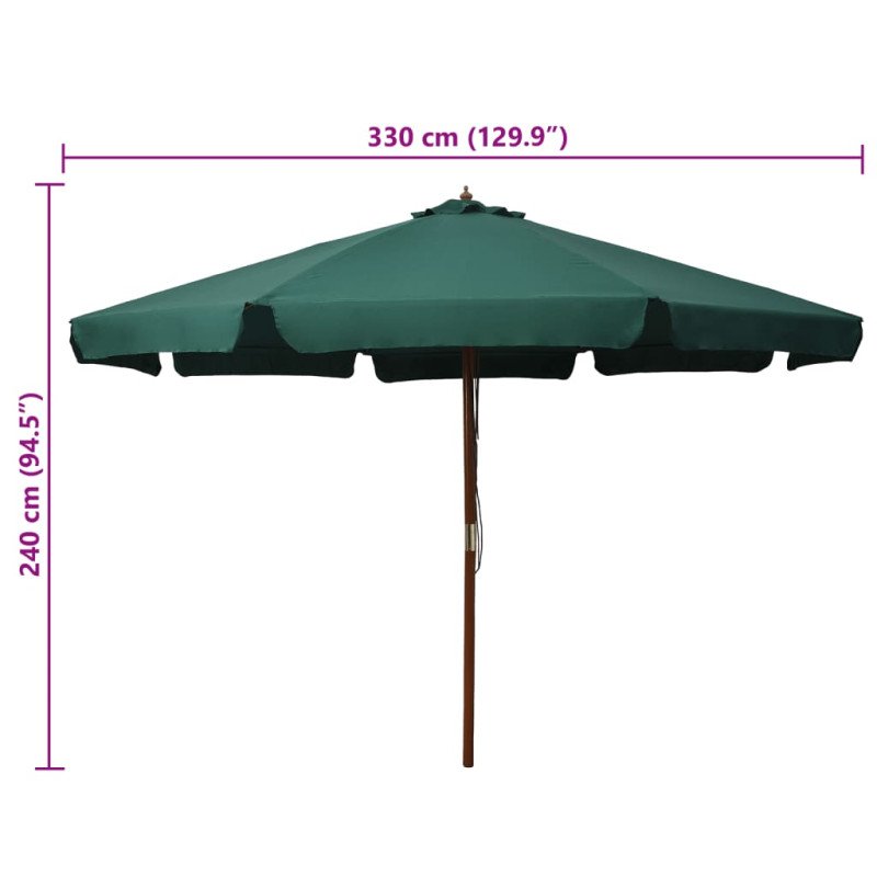 vidaXL Vonkajší slnečník s drevenou tyčou 330 cm, zelený