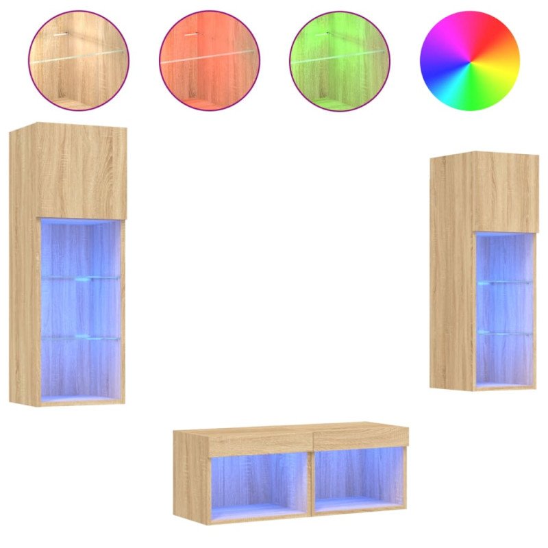 vidaXL 4-dielne TV nástenné skrinky s LED svetlami dub sonoma
