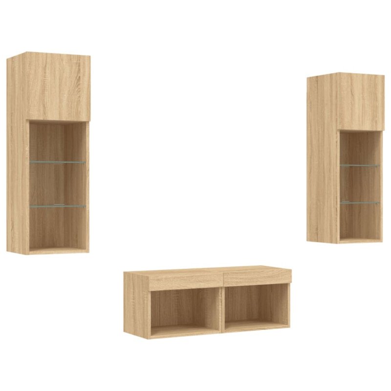 vidaXL 4-dielne TV nástenné skrinky s LED svetlami dub sonoma