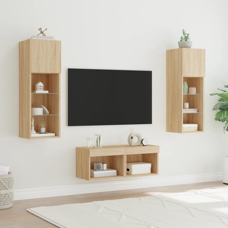 vidaXL 4-dielne TV nástenné skrinky s LED svetlami dub sonoma