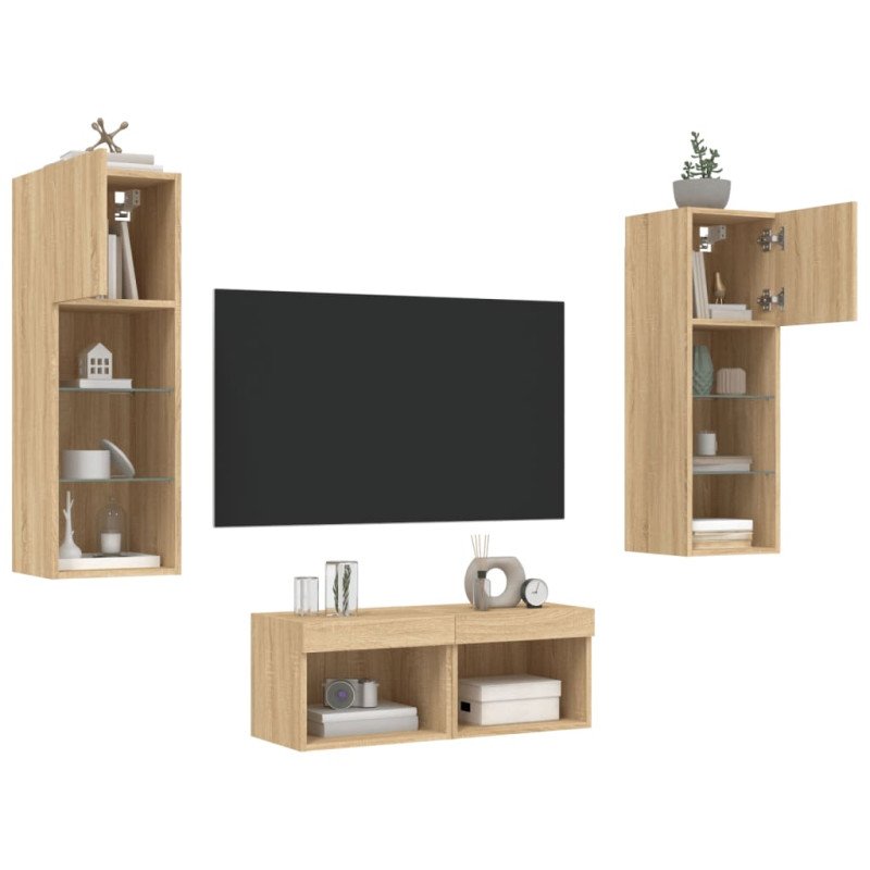 vidaXL 4-dielne TV nástenné skrinky s LED svetlami dub sonoma