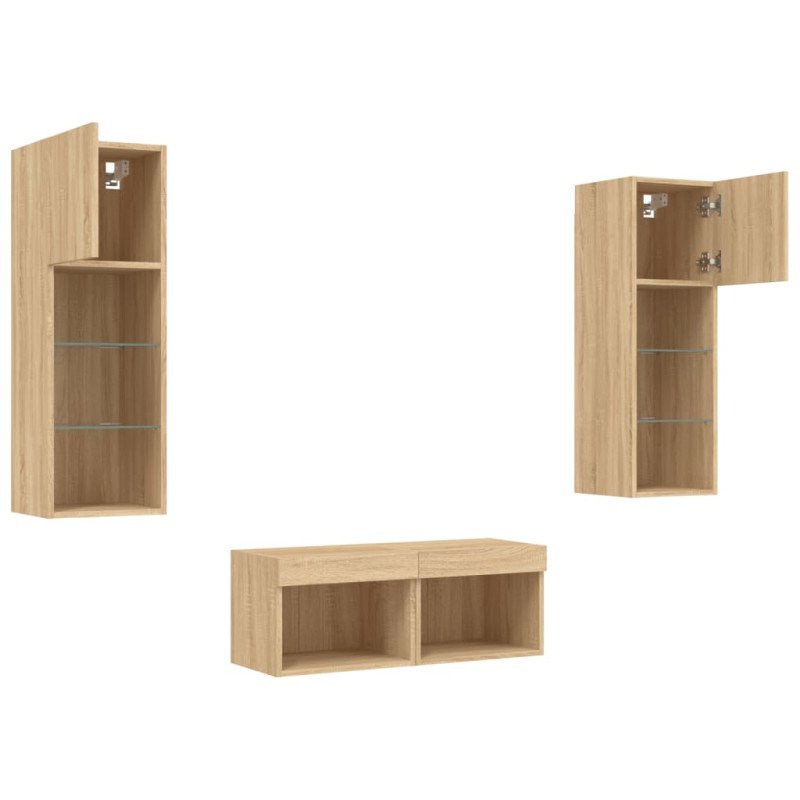 vidaXL 4-dielne TV nástenné skrinky s LED svetlami dub sonoma