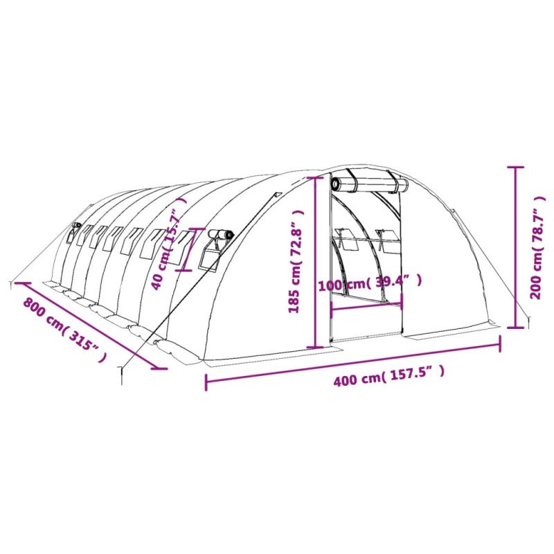 vidaXL Fóliovník s oceľovým rámom biely 32 m² 8x4x2 m